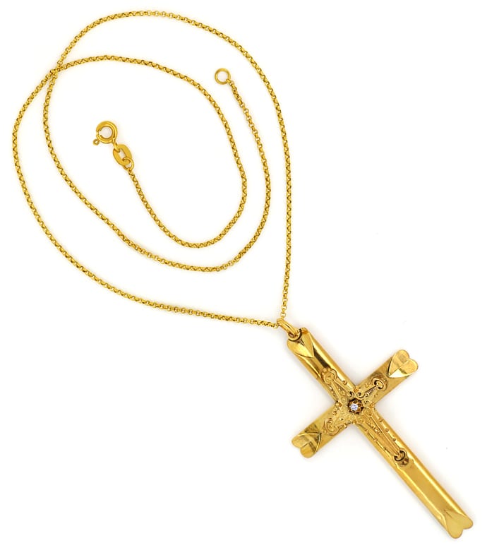 Foto 3 - Biedermeier Diamant Kreuz Anhänger Schaumgold Goldkette, Q1393